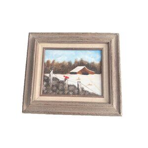 B Lee Signed Winter Oil Painting in Wood Frame 14.5x13.5